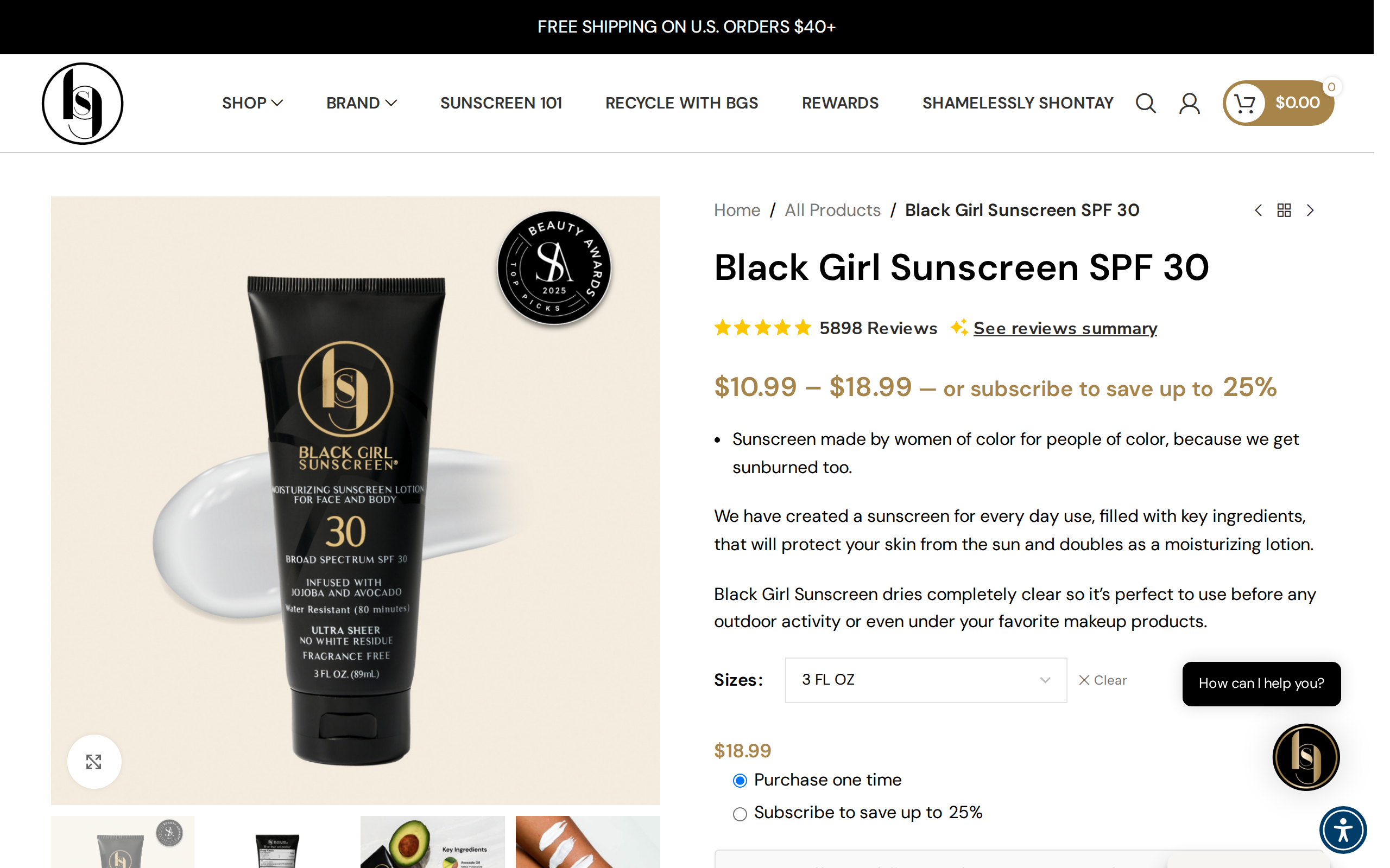 Black Girl Sunscreen product page for SPF 30 showing the product name, a price range of $10.99 to $18.99 and bottle photos