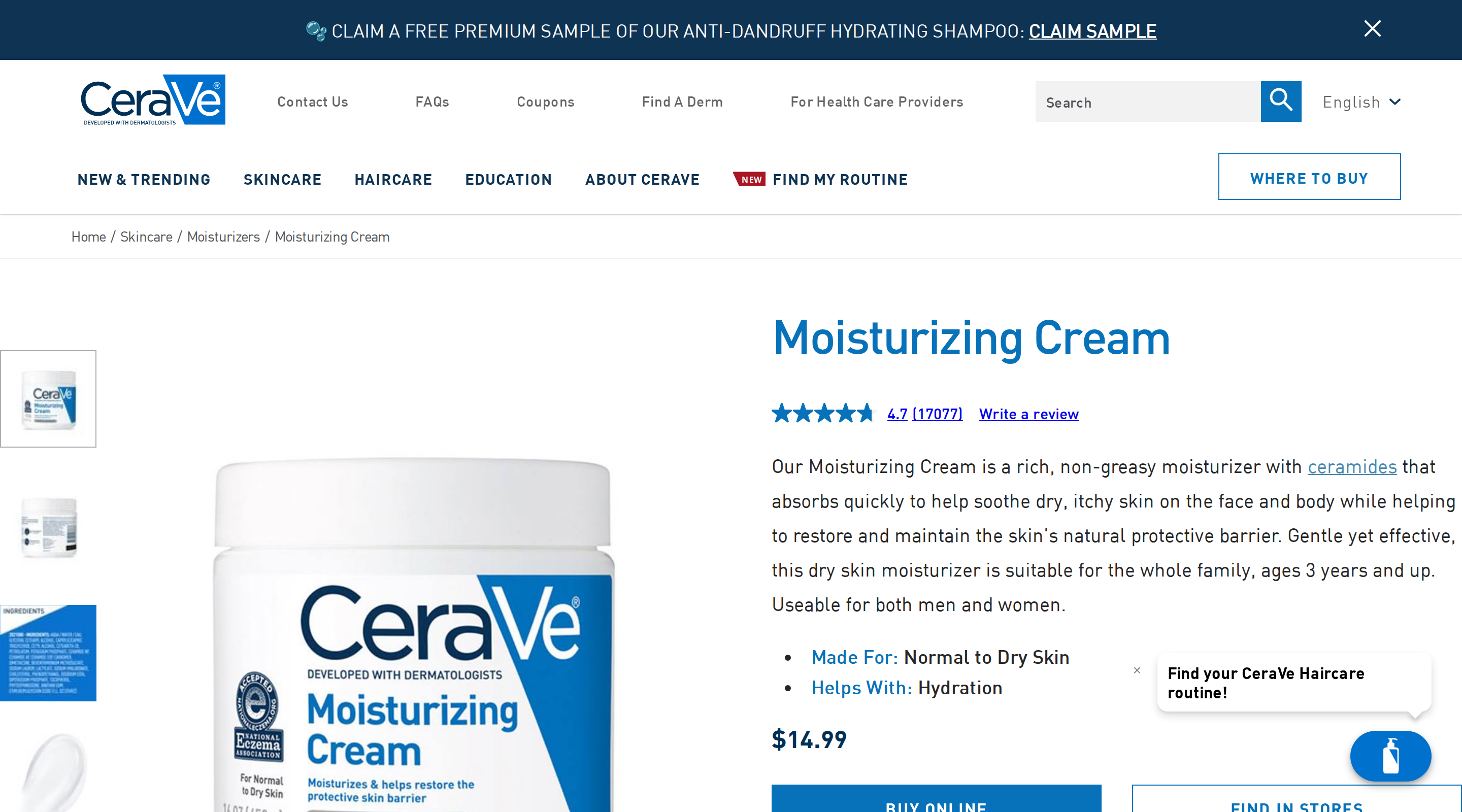 CeraVe's Moisturizing Cream product page
