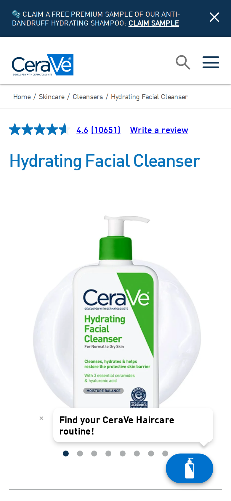 Phone-width view of CeraVe's Hydrating Facial Cleanser page
