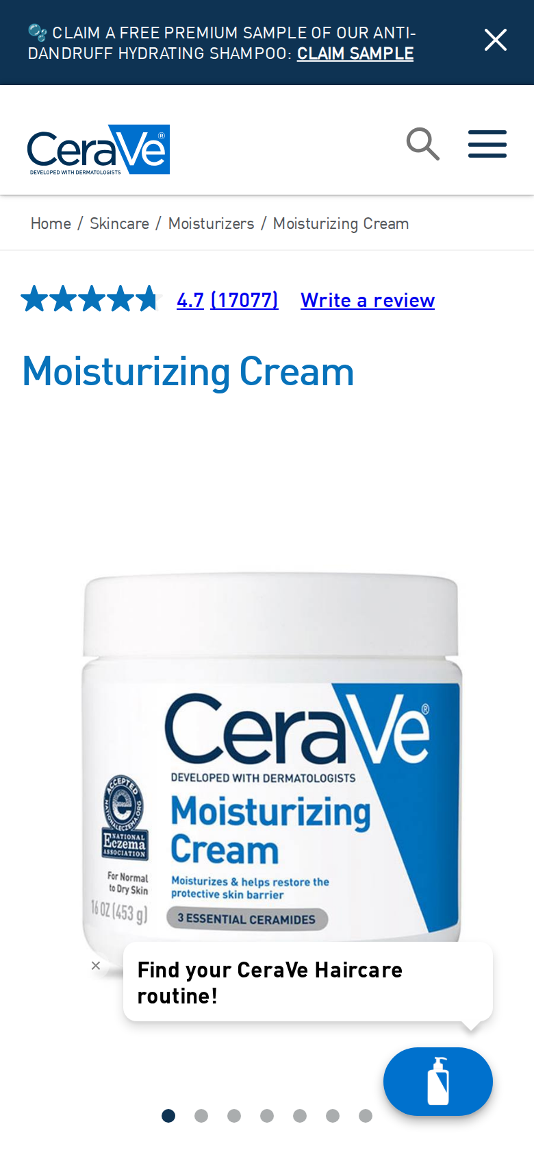 CeraVe's product page at phone width