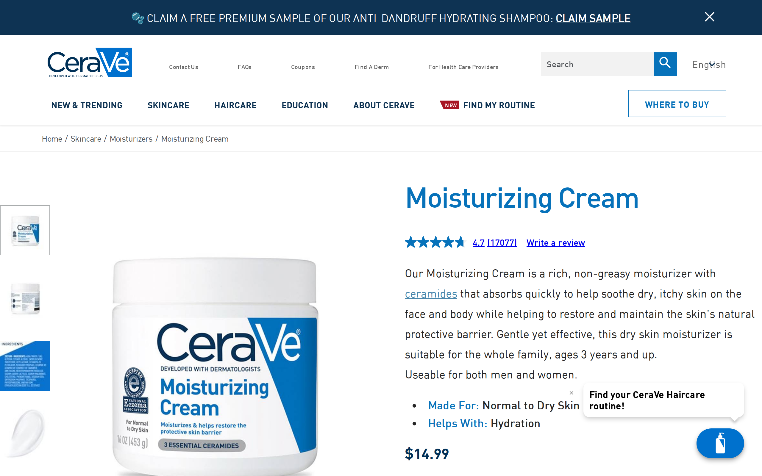 CeraVe product page for Moisturizing Cream with the heading, a short description and a jar photograph