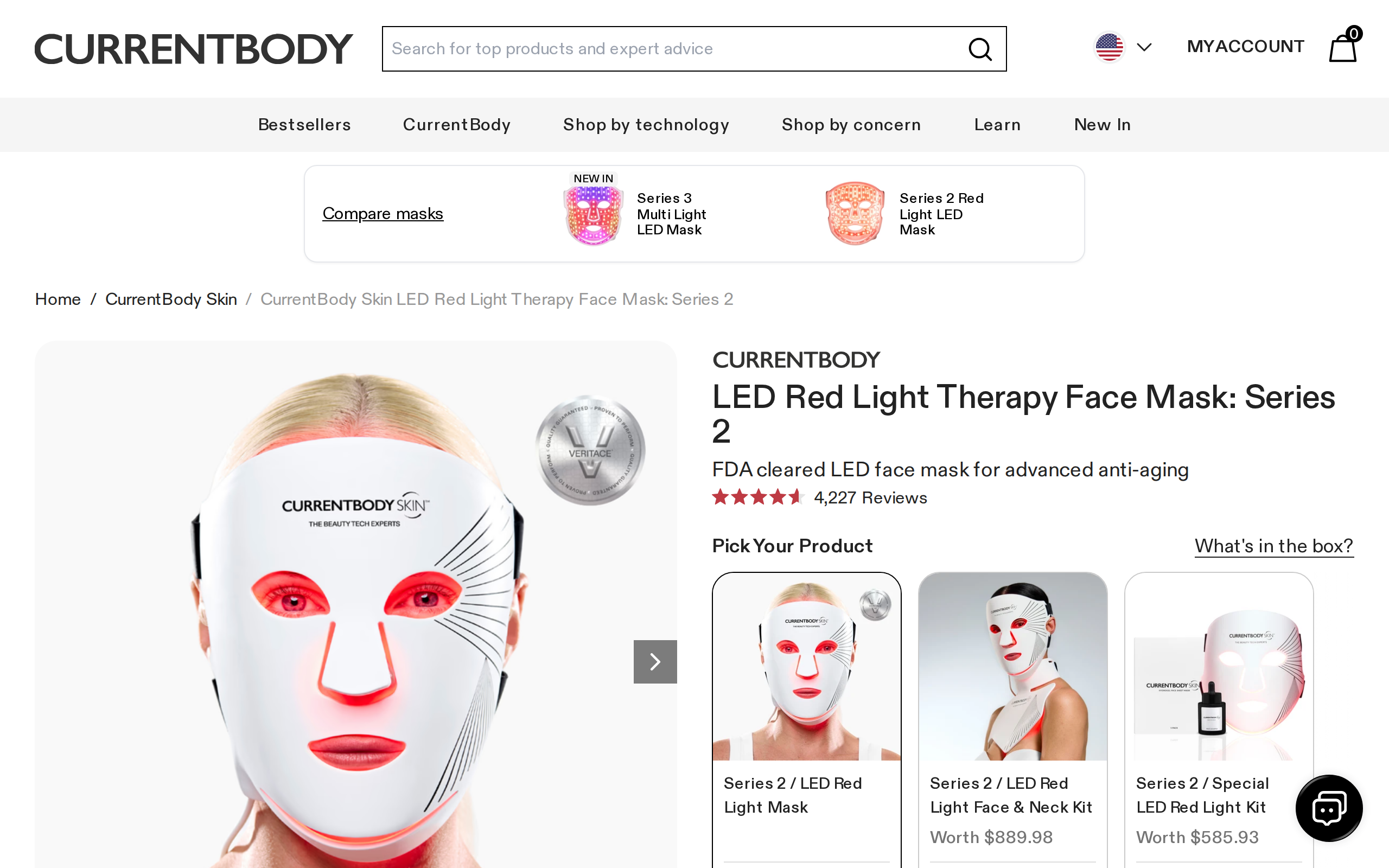 CurrentBody product page for the Series 2 LED Red Light Therapy Face Mask with product photographs and a $469.99 price