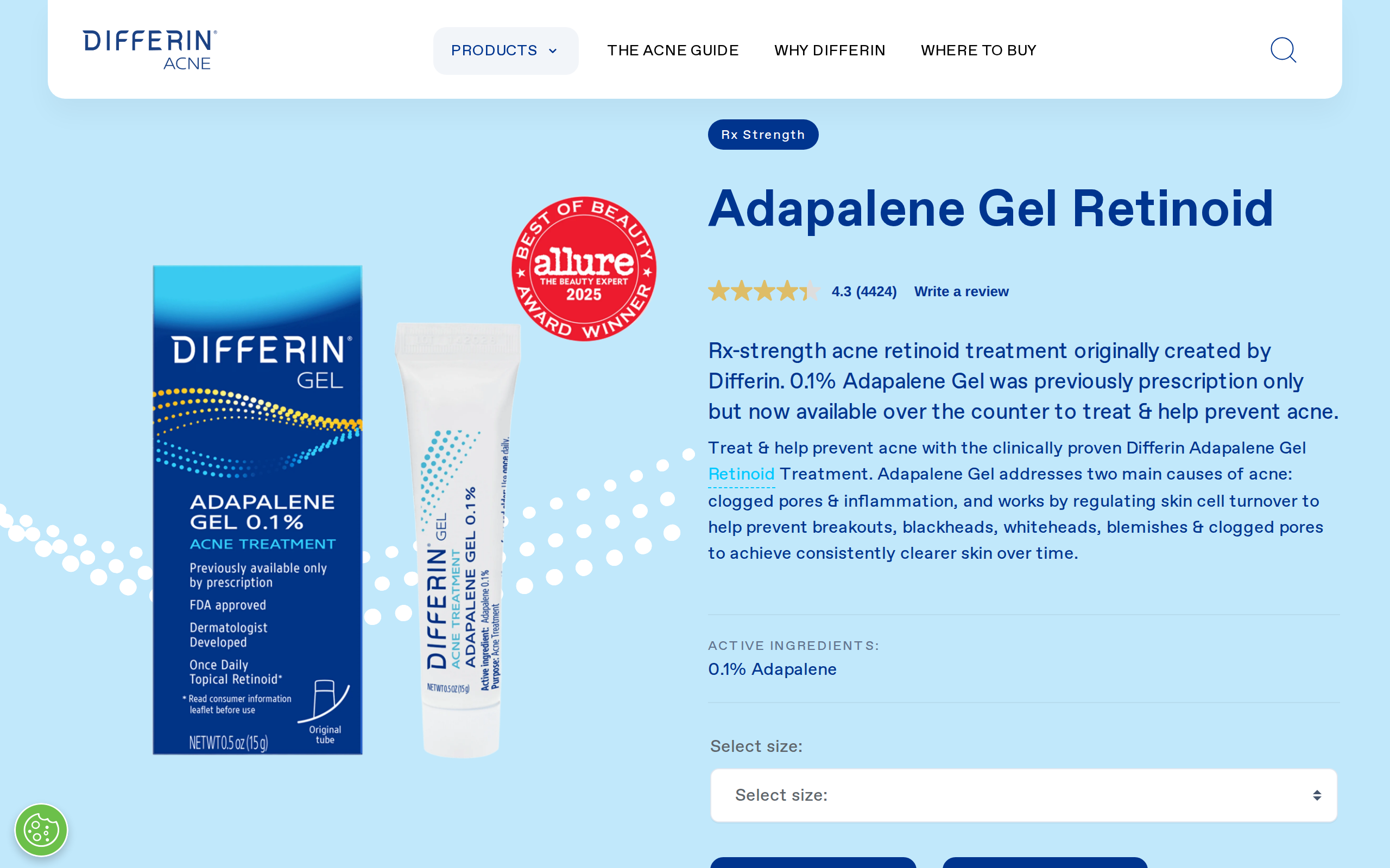 Differin product page for Adapalene Gel Retinoid describing the 0.1% adapalene treatment with a tube photo