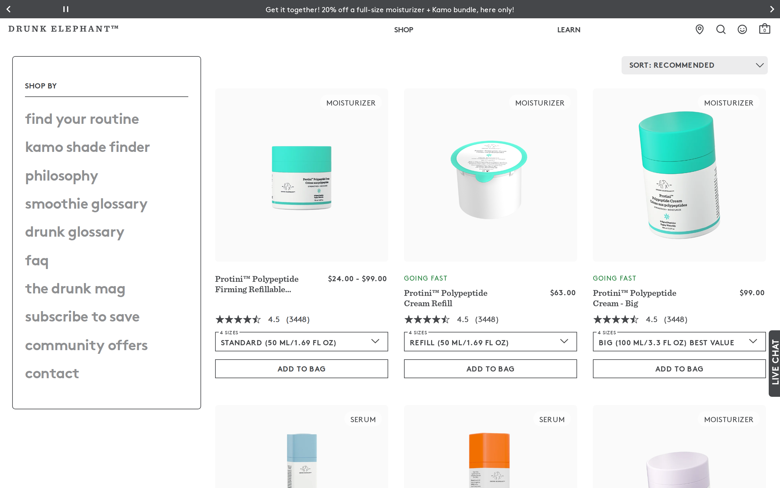 Drunk Elephant's Learn page showing the standard and refill 50 ml options for the moisturizer