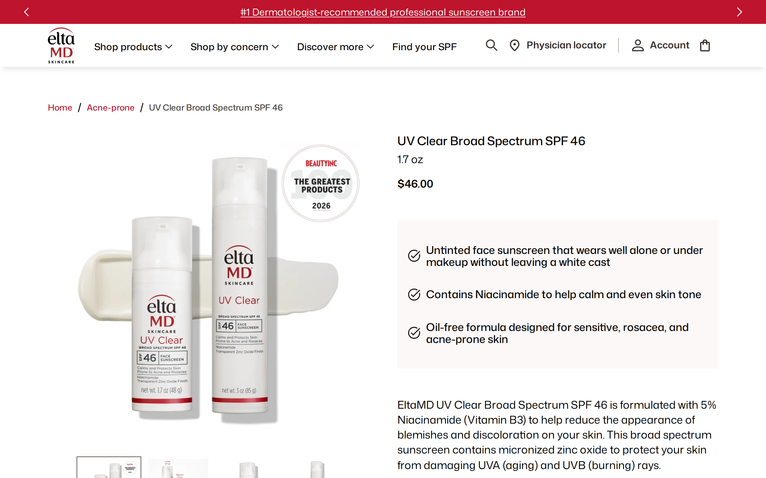 EltaMD product page for UV Clear Broad Spectrum SPF 46 showing the pump bottle and the $46.00 price
