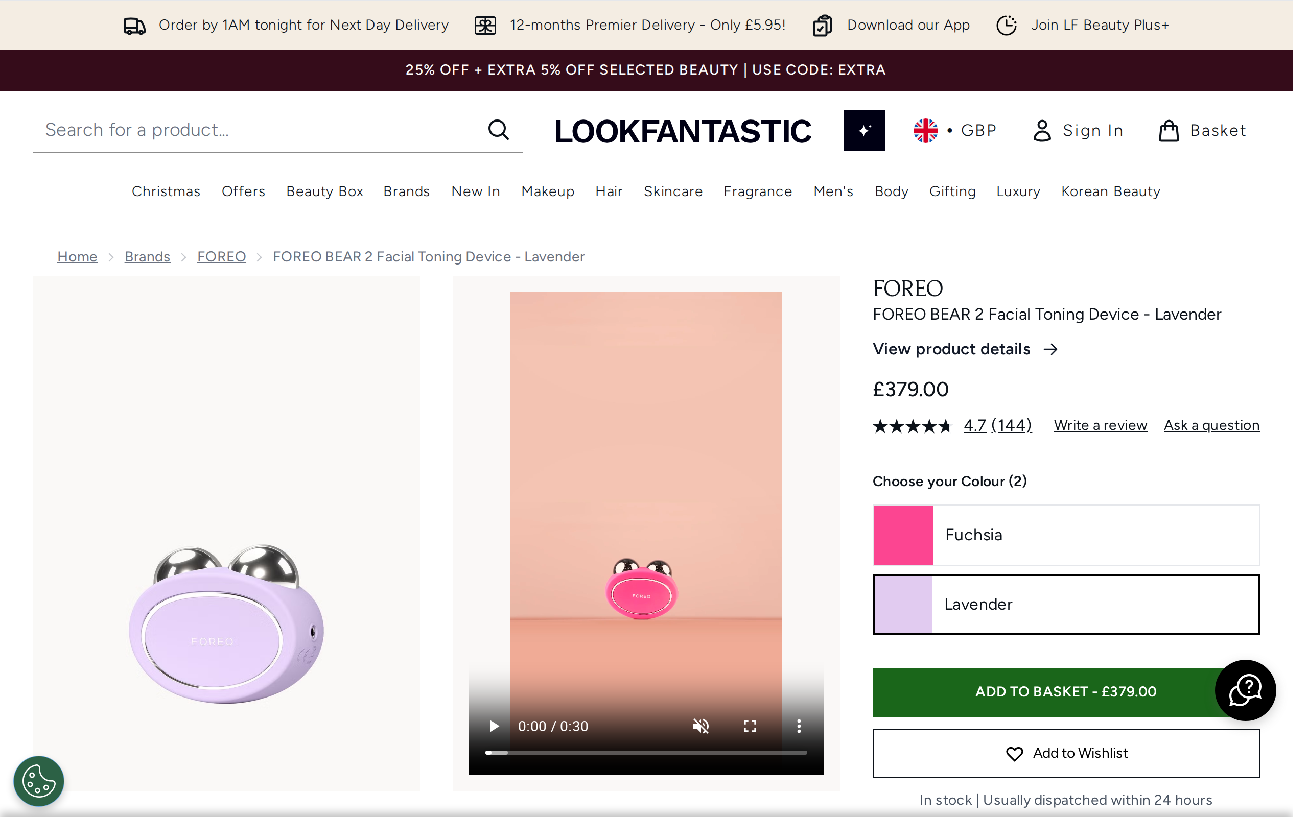 A lookfantastic listing for the FOREO BEAR 2 in lavender