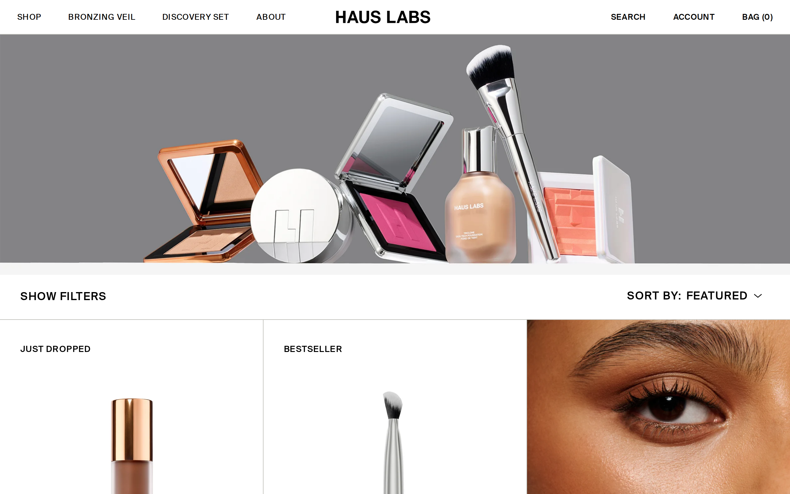Haus Labs face collection page with a filter control and product images