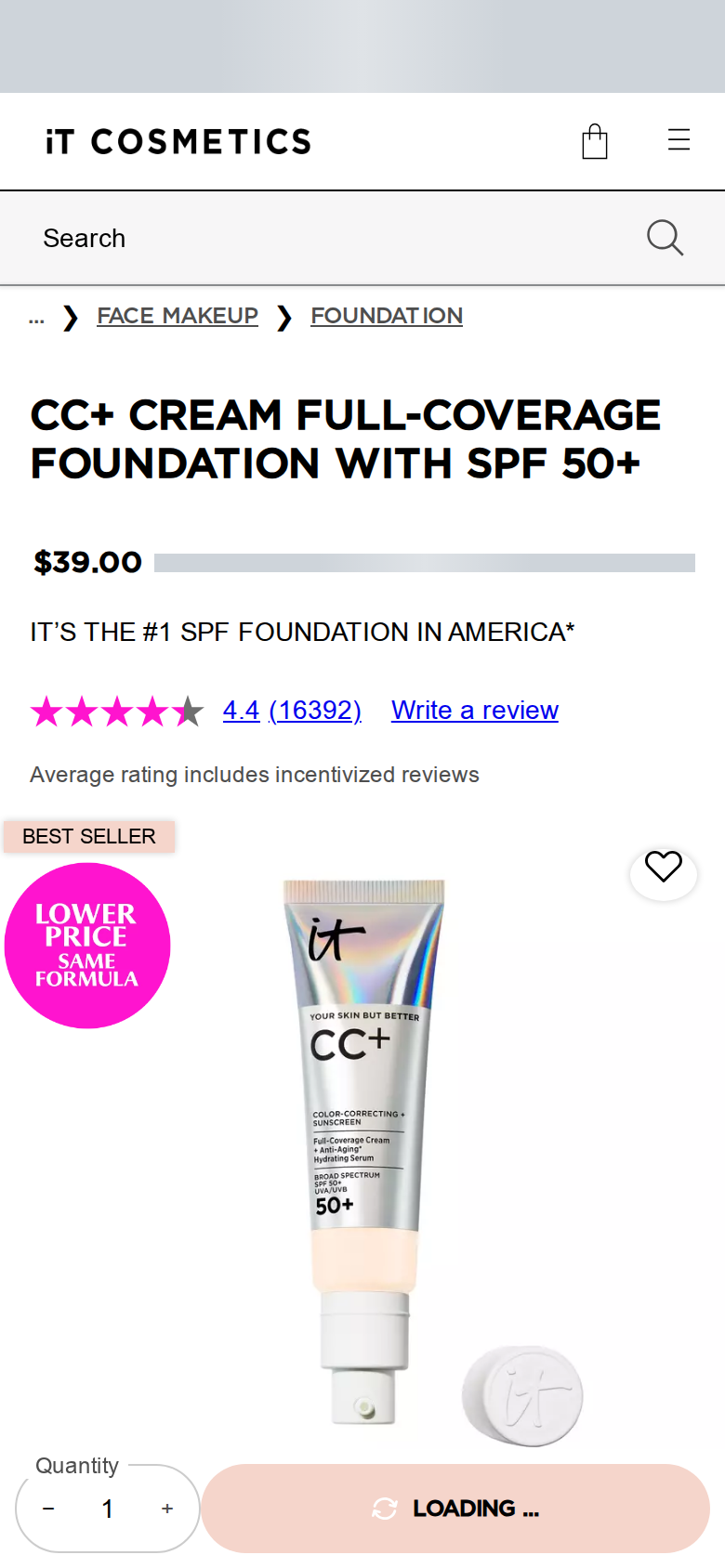 The IT Cosmetics CC+ Cream page on a phone
