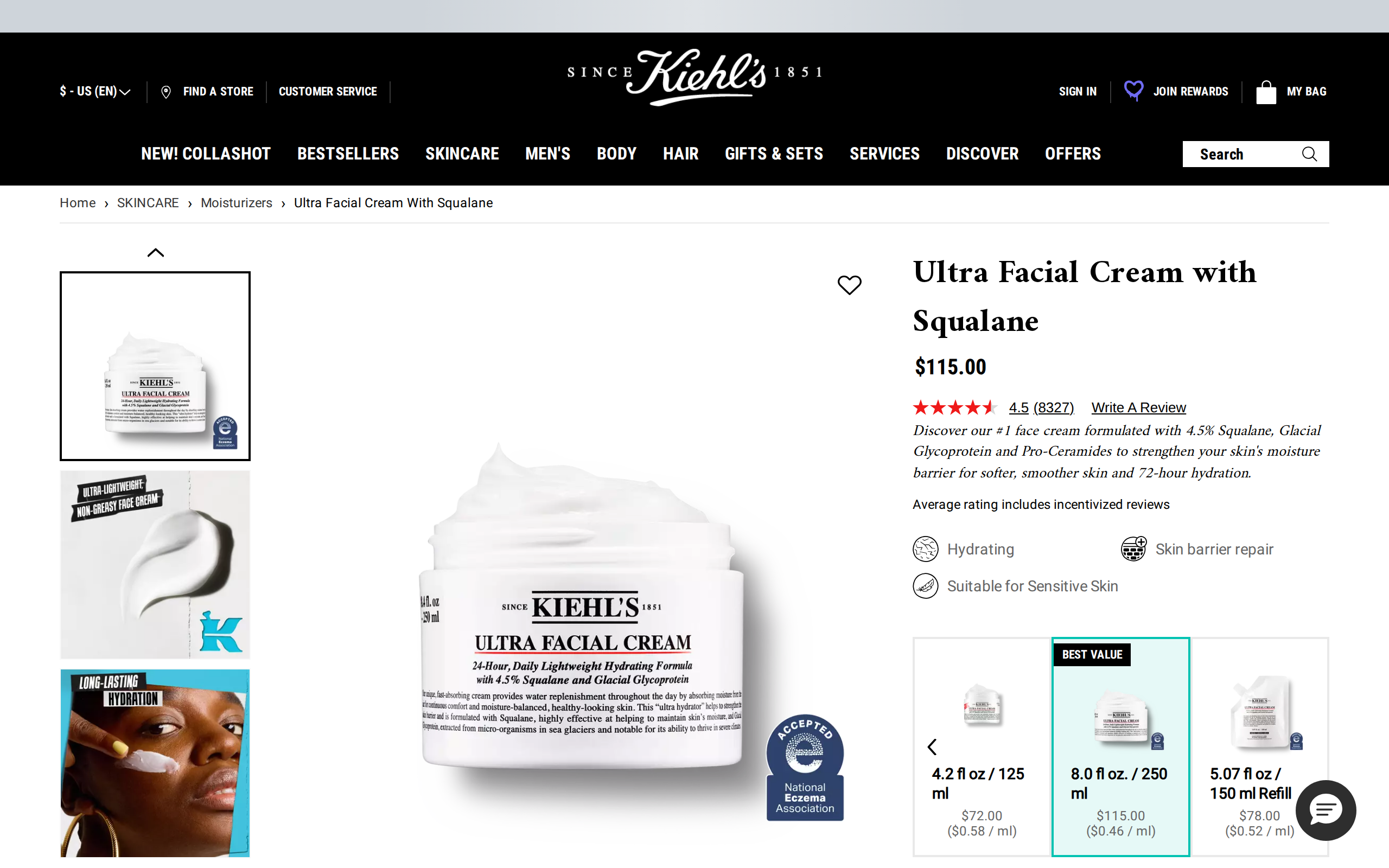 Kiehl's product page for Ultra Facial Cream with Squalane, described as the number one face cream with 4.5% squalane