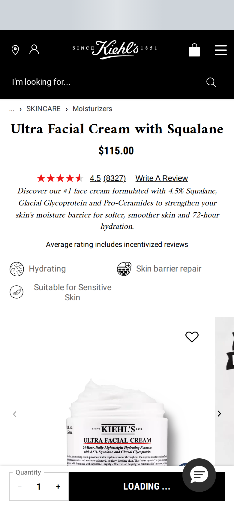 Kiehl's Ultra Facial Cream page on a phone