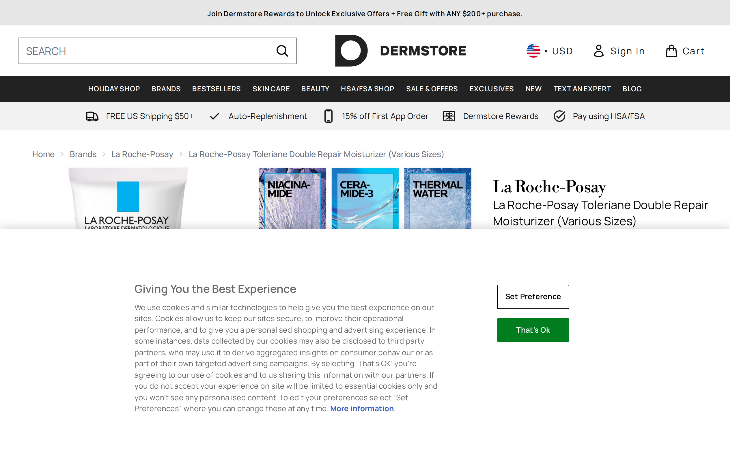 Dermstore listing for La Roche-Posay Toleriane Double Repair Moisturizer in various sizes, with several sizes and prices on display