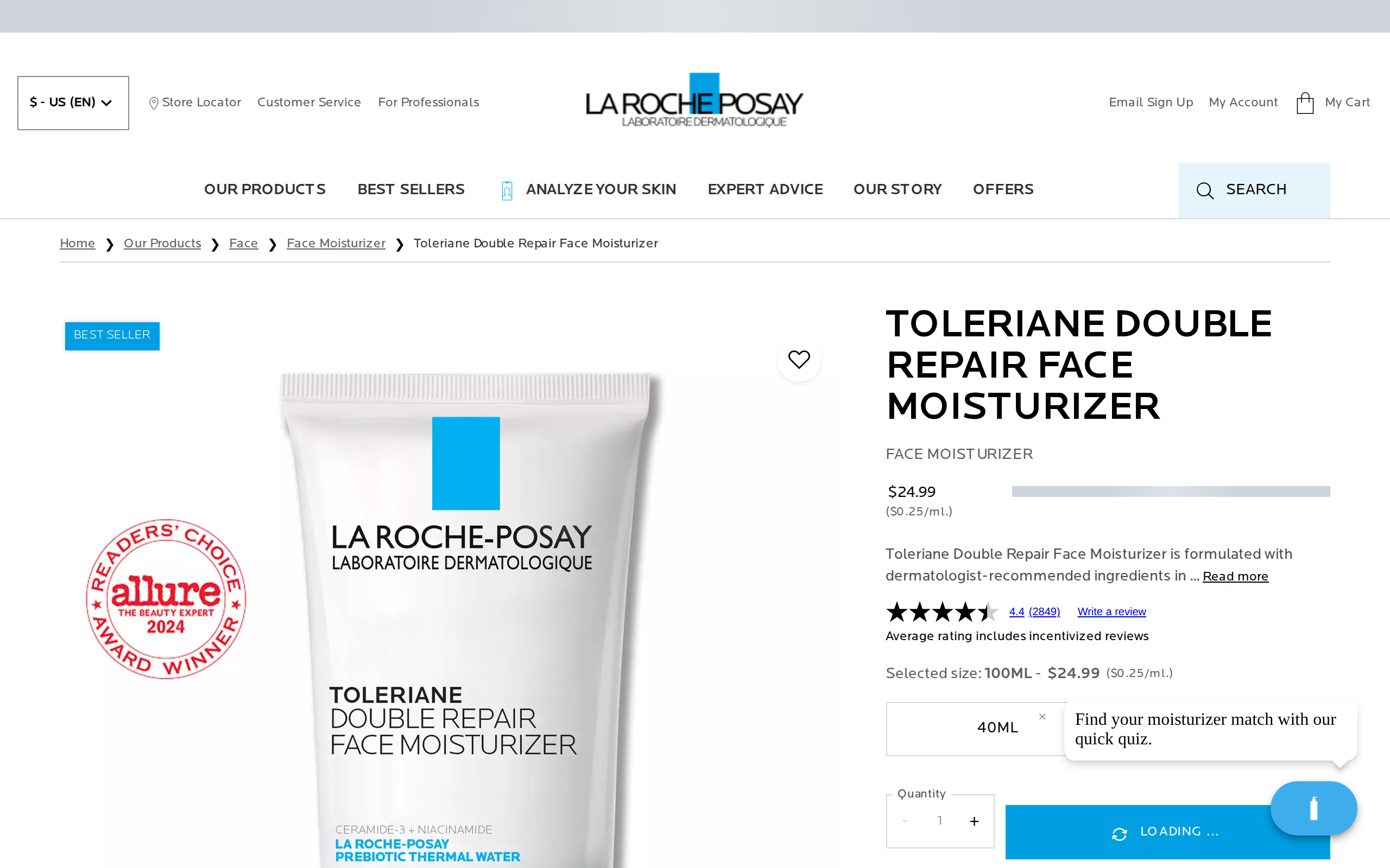 La Roche-Posay US product page for Toleriane Double Repair Face Moisturizer, priced at $24.99