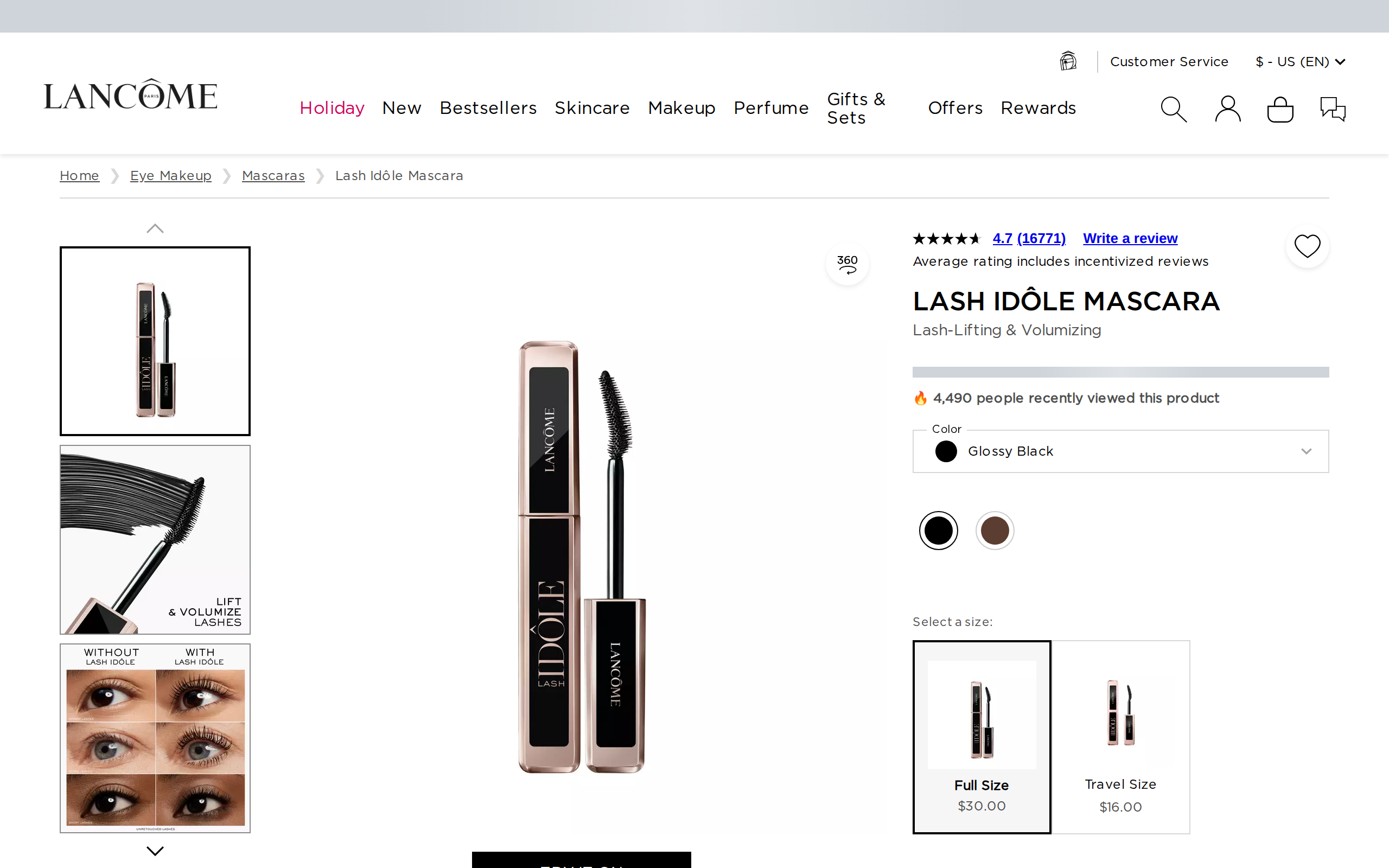 Lancôme's product page for Lash Idôle Lash Lift Mascara with the tube shown twice and a $30.00 price