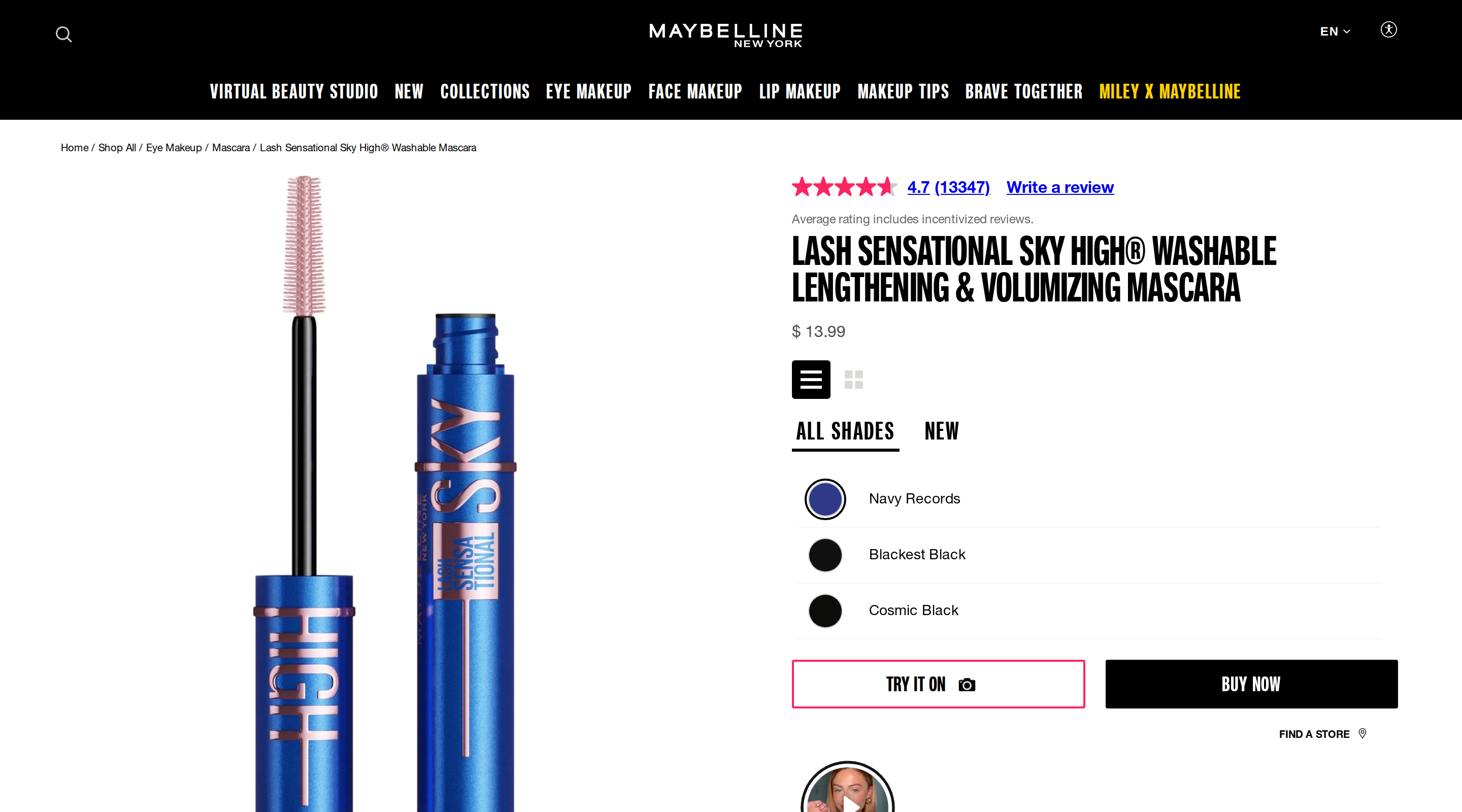 Maybelline's Lash Sensational Sky High Washable Mascara page showing the tube