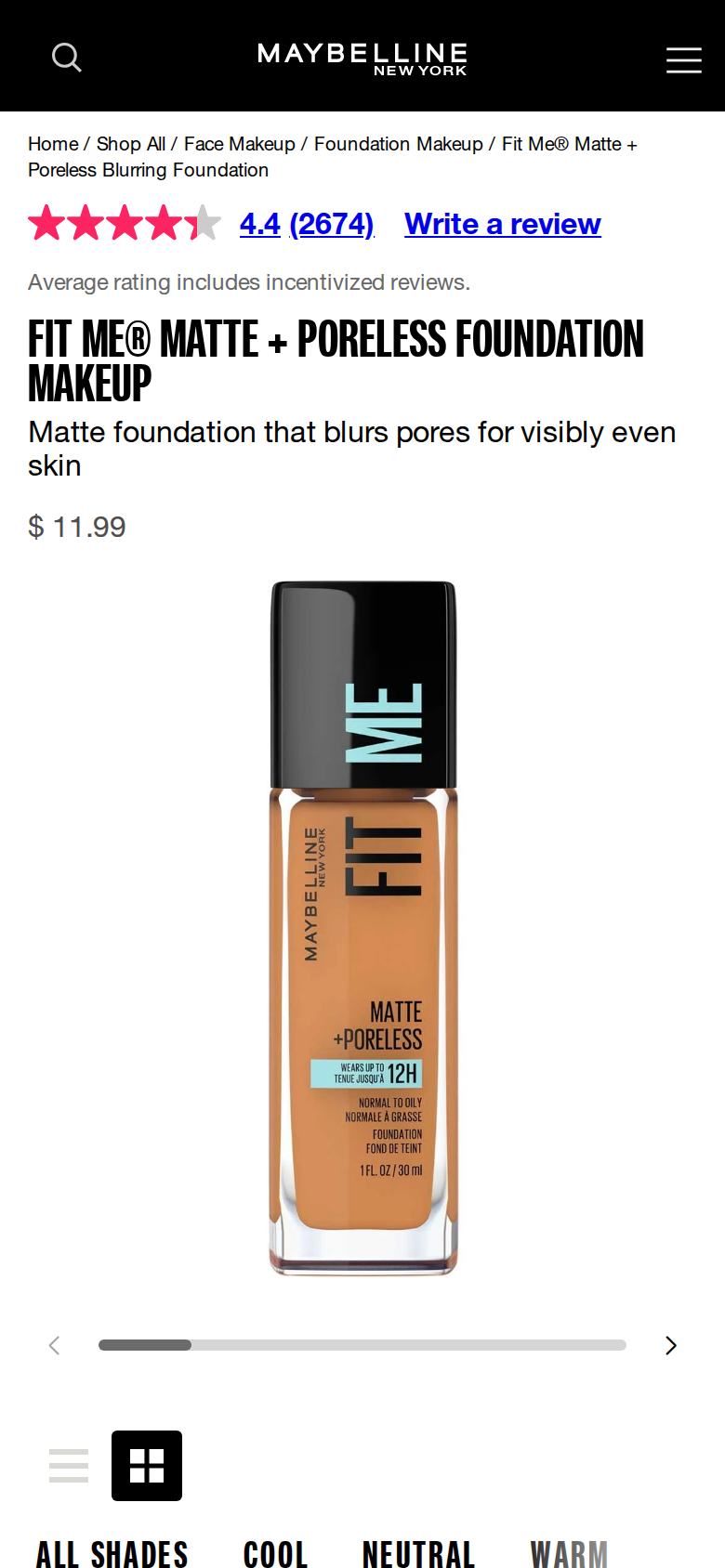 The Maybelline Fit Me page at phone width