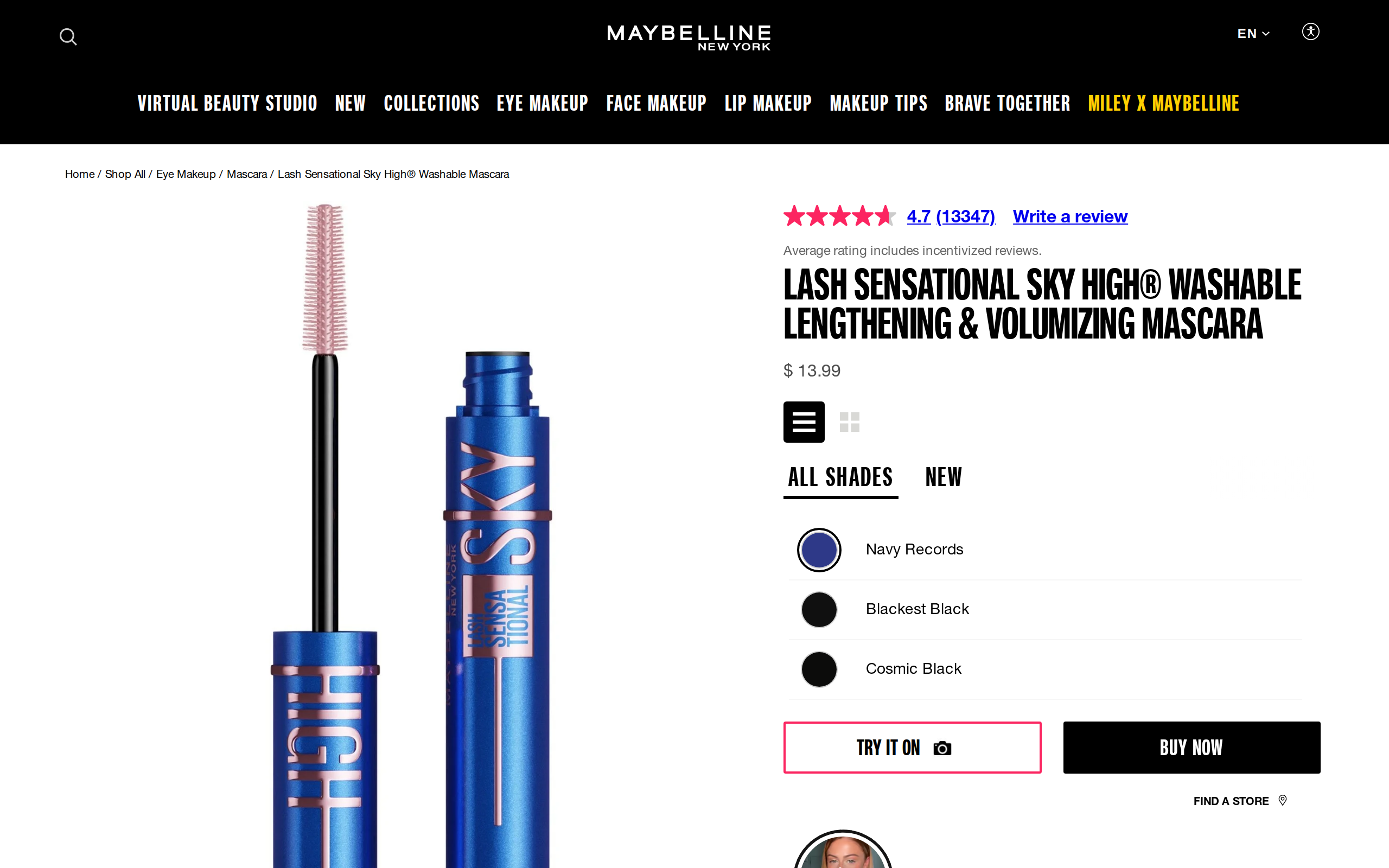 Maybelline product page for Lash Sensational Sky High Washable Mascara showing the pink brush, the blue tube and a $13.99 price
