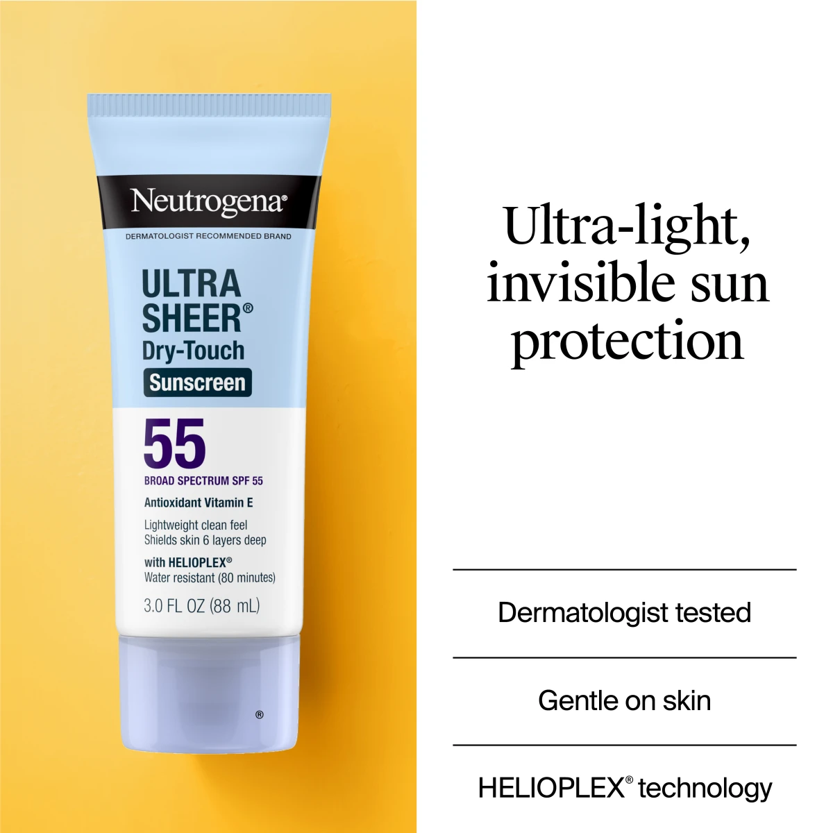 A tube of Neutrogena Ultra Sheer Dry-Touch Sunscreen SPF 55 seen from above on a yellow background