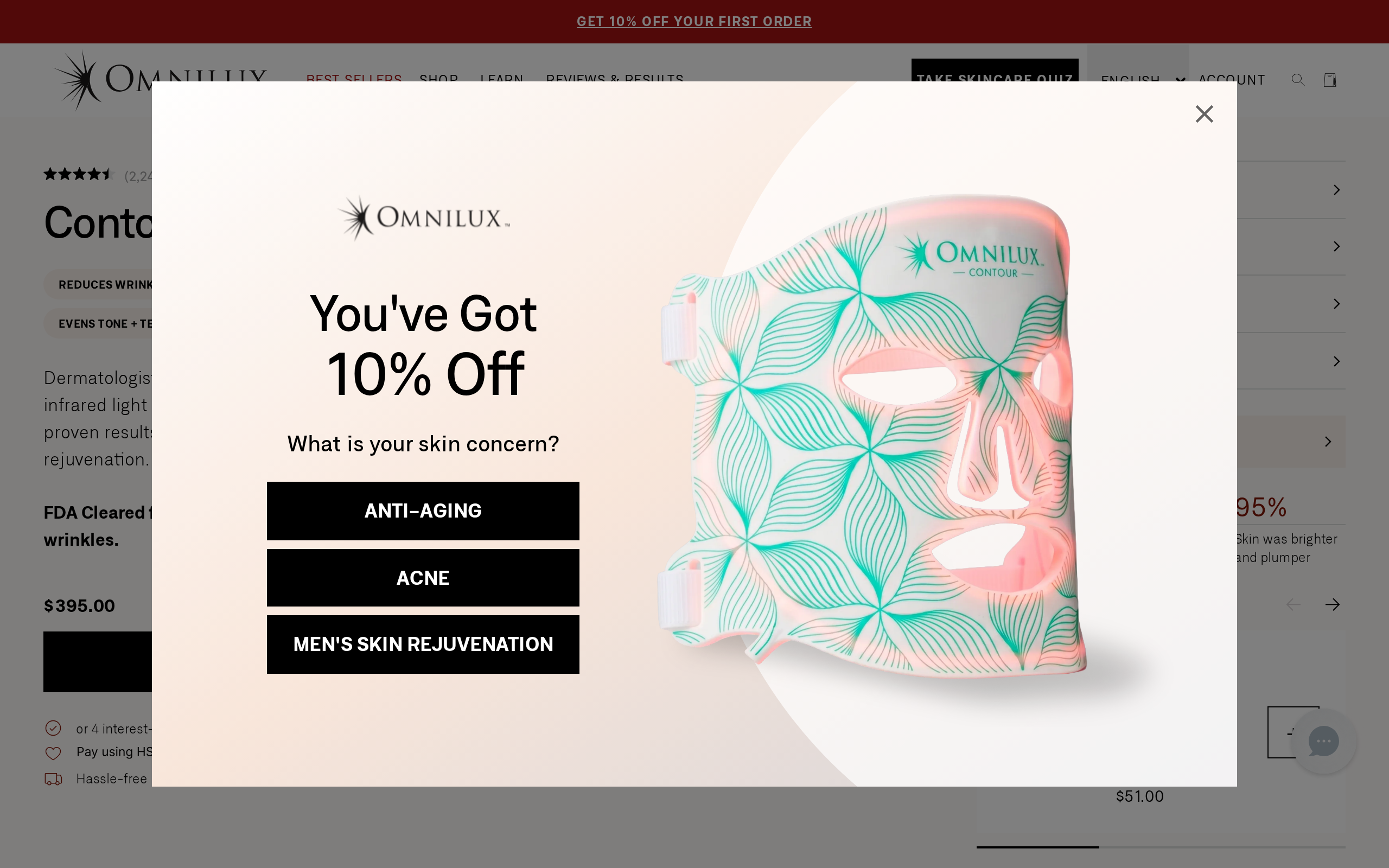 Omnilux Contour Face product page showing the LED mask with the FDA Cleared claim and a $395.00 price