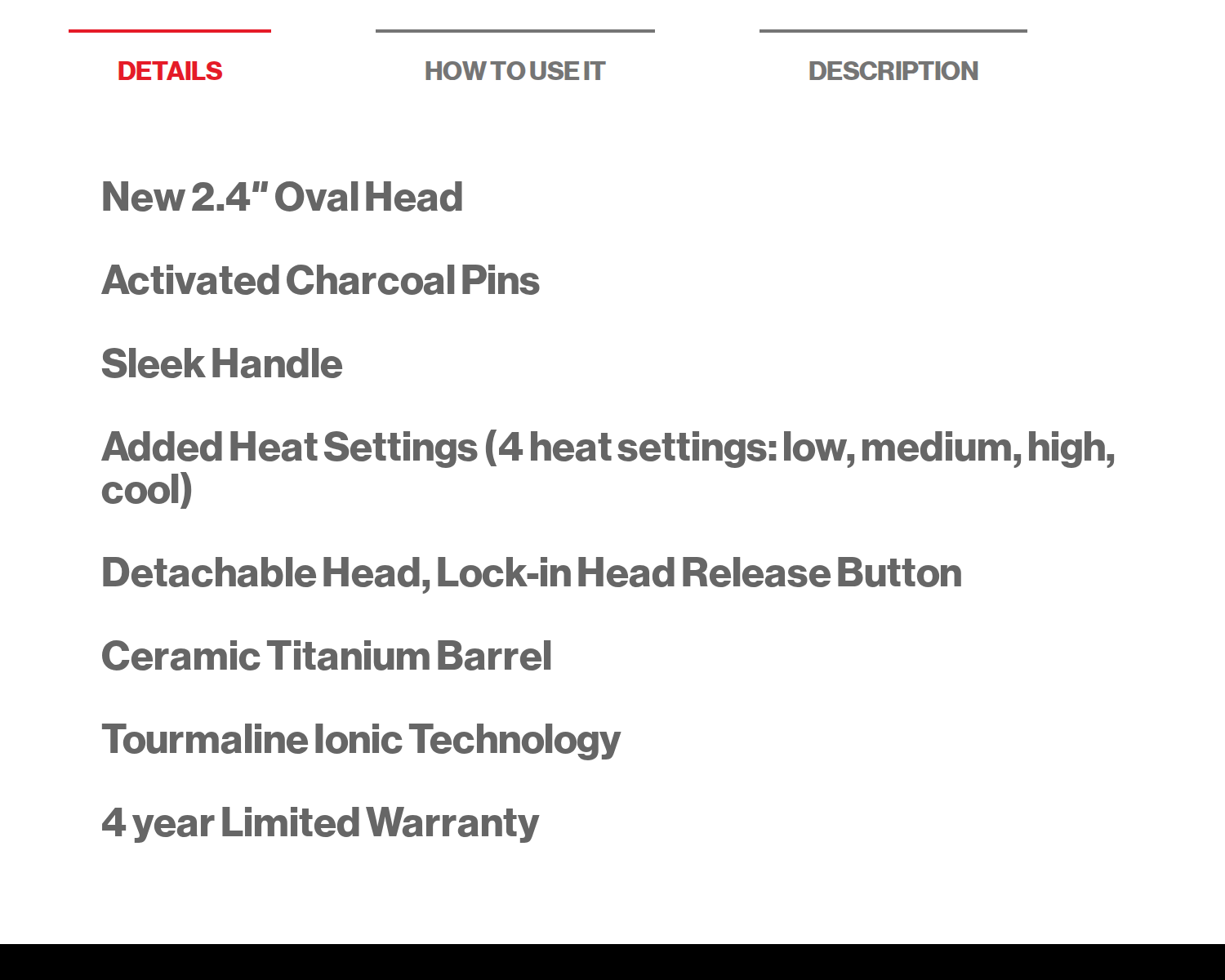 The Details tab on Revlon's product page listing the new oval head, charcoal pins, four heat settings and a four-year warranty