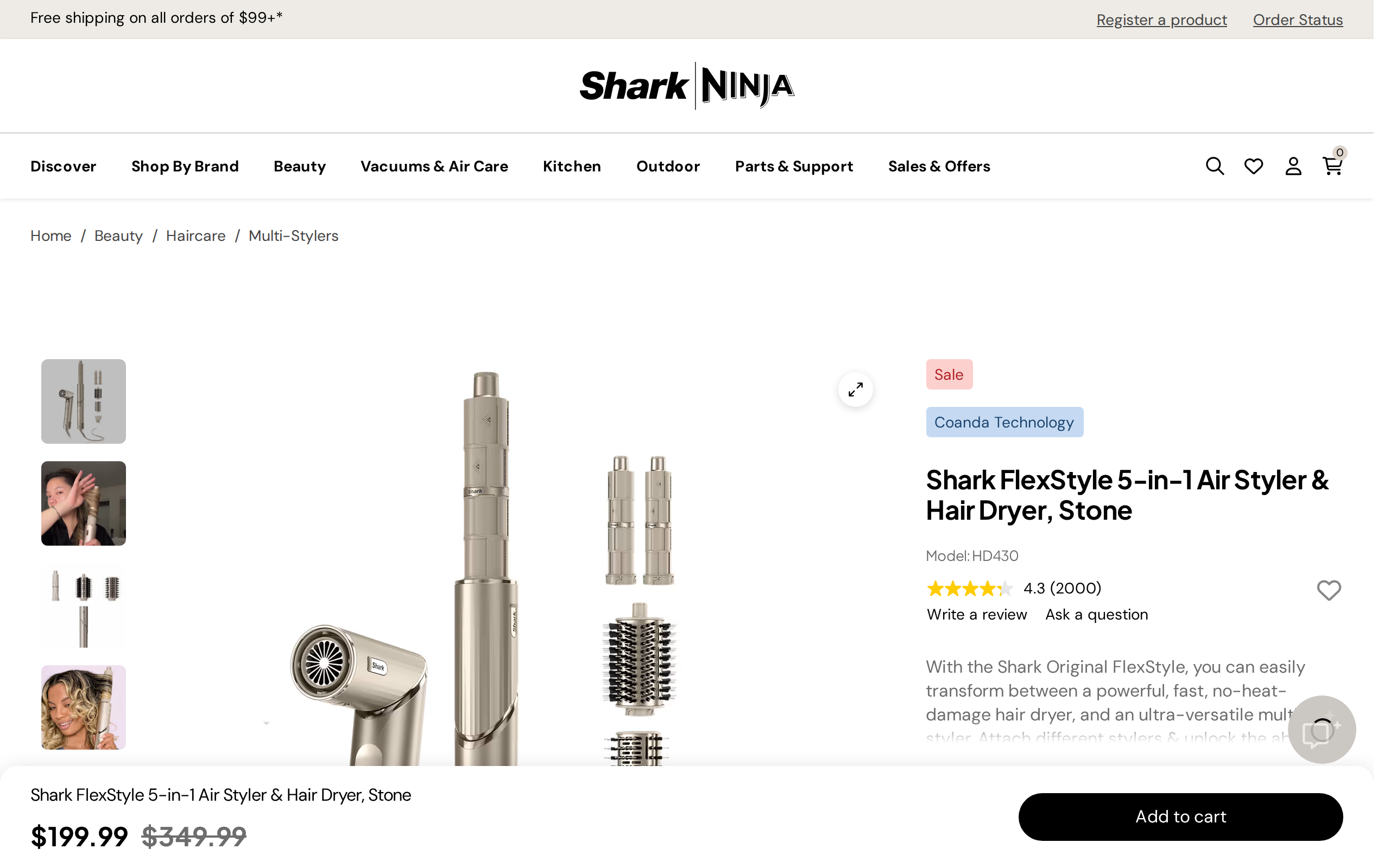 Shark FlexStyle 5-in-1 Air Styler and Hair Dryer in Stone on the SharkNinja product page, with product video and prices