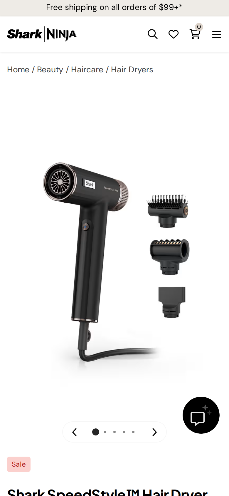 Phone-width view of the Shark SpeedStyle Hair Dryer page with a $99 price