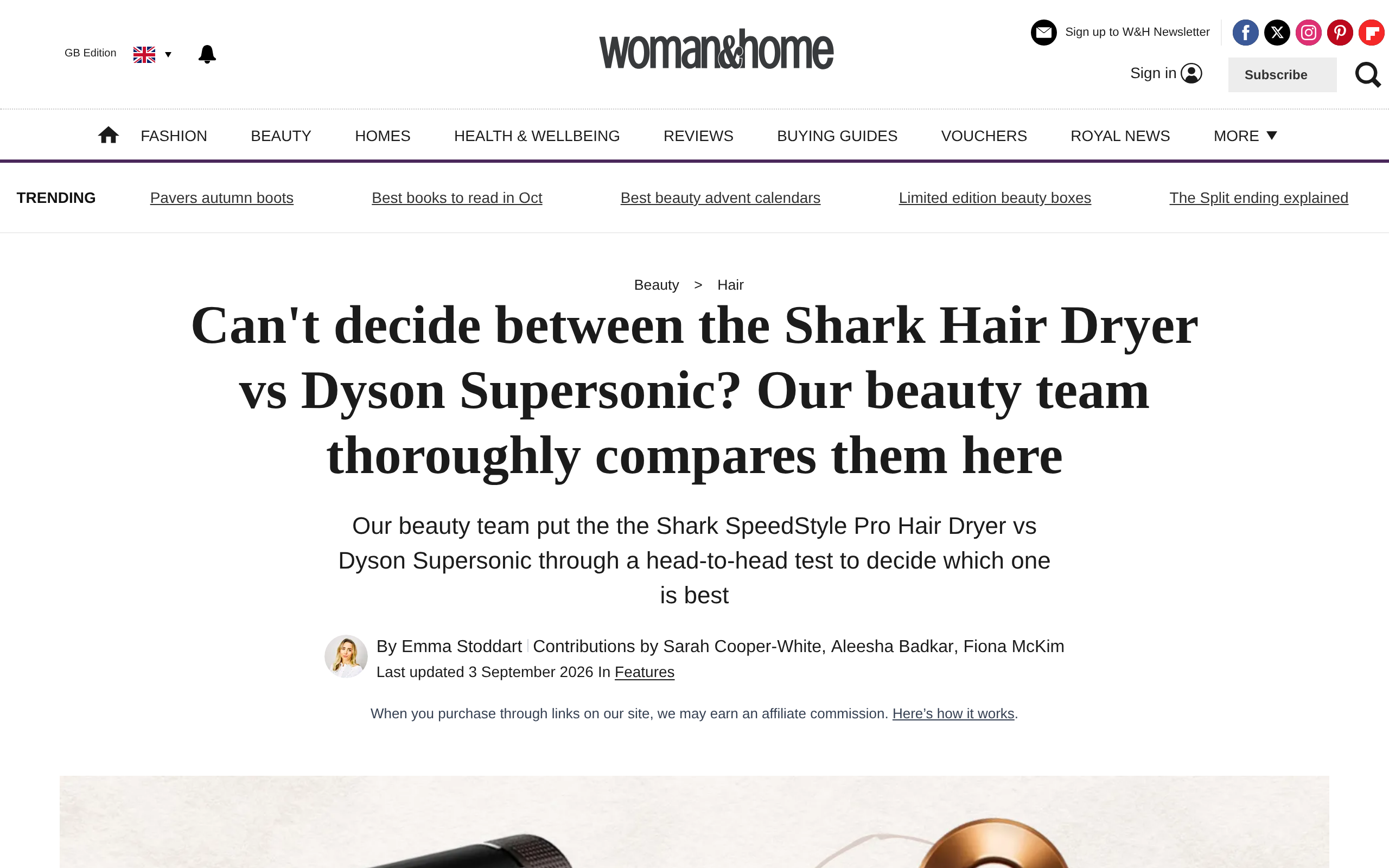 Woman & Home's Shark versus Dyson Supersonic comparison guide with a photograph of both dryers