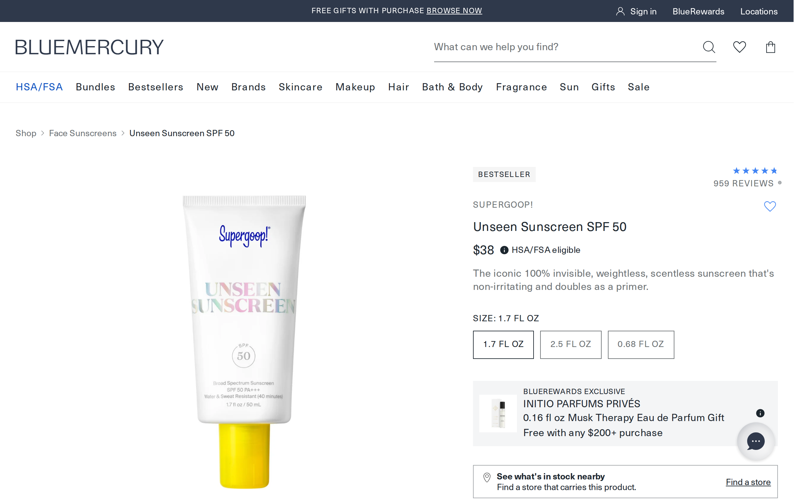 Bluemercury listing for Unseen Sunscreen SPF 50
