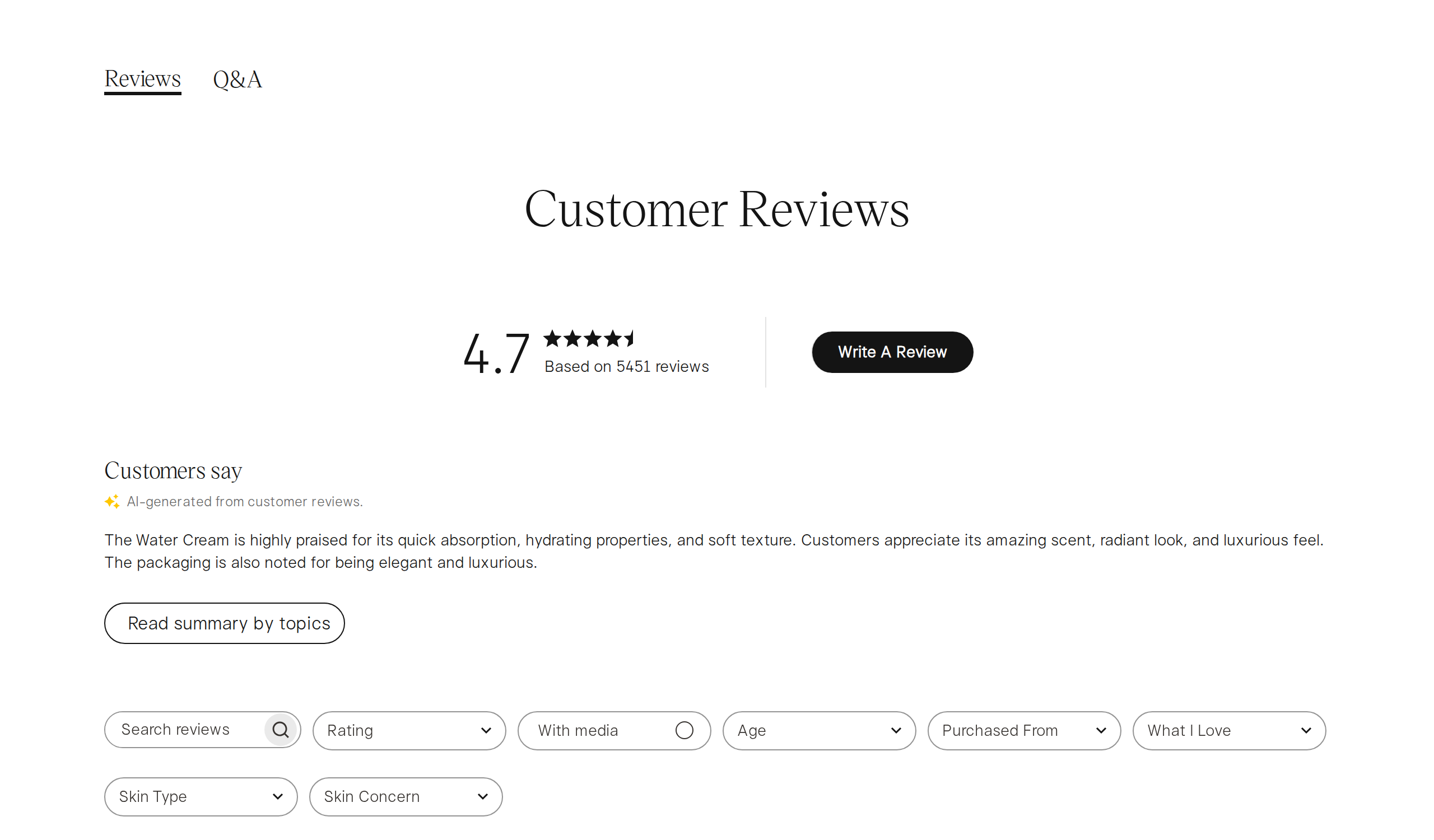 The customer reviews block on Tatcha's site showing a 4.7 average from 5,451 reviews and an AI summary