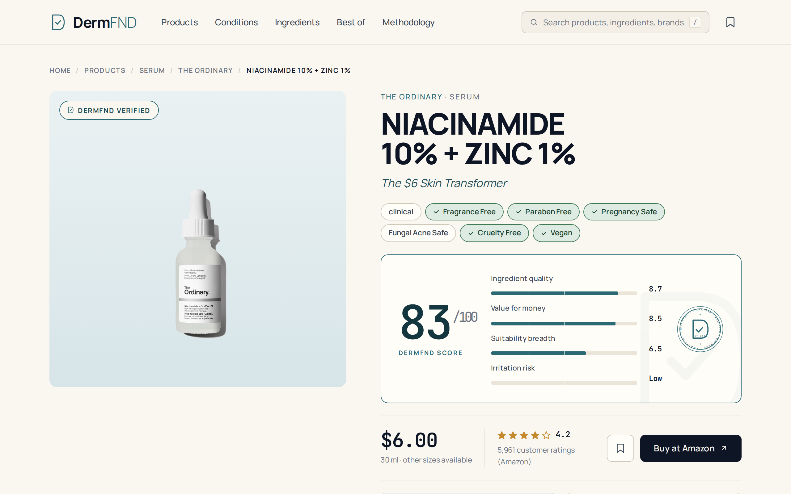 DermFND review page for The Ordinary Niacinamide 10% + Zinc 1%