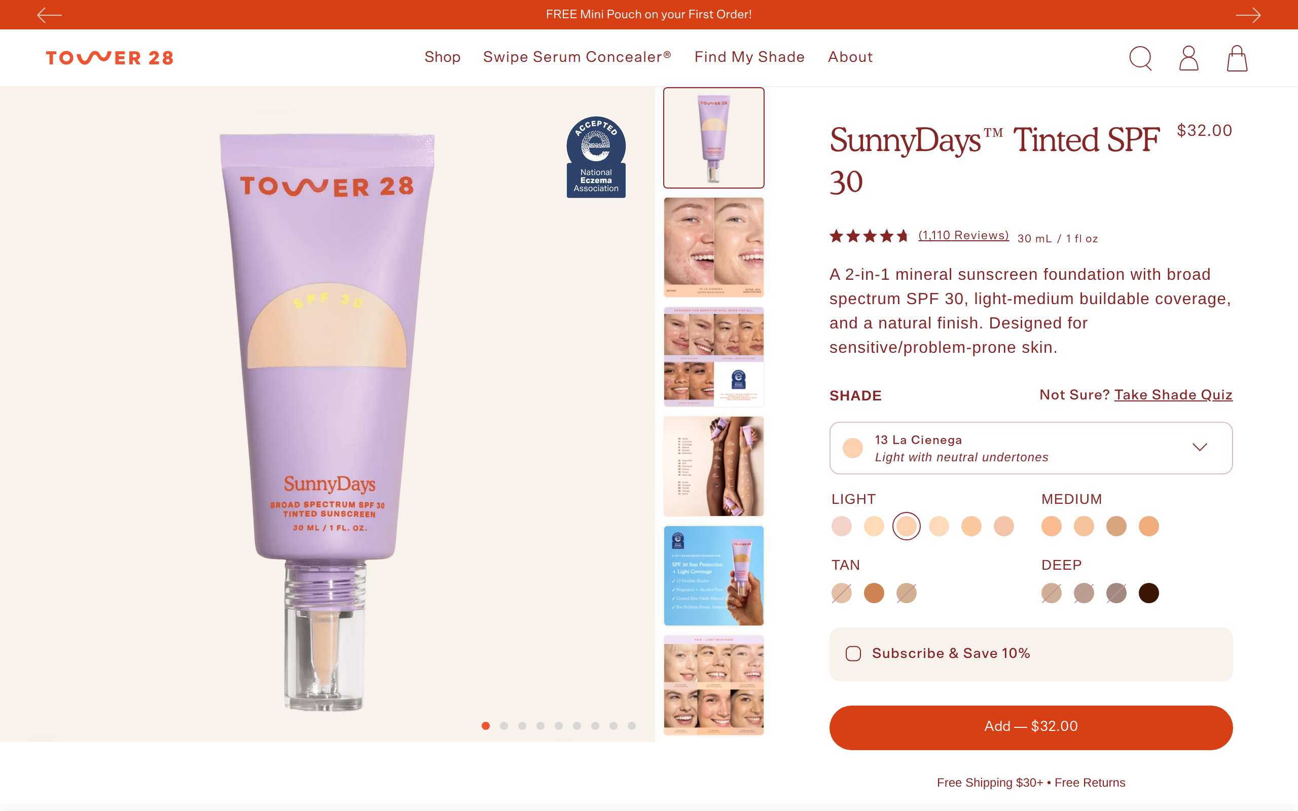 Tower 28 Beauty's product page for SunnyDays Tinted SPF 30 showing the bottle in shade 13 La Cienega and a $32 price