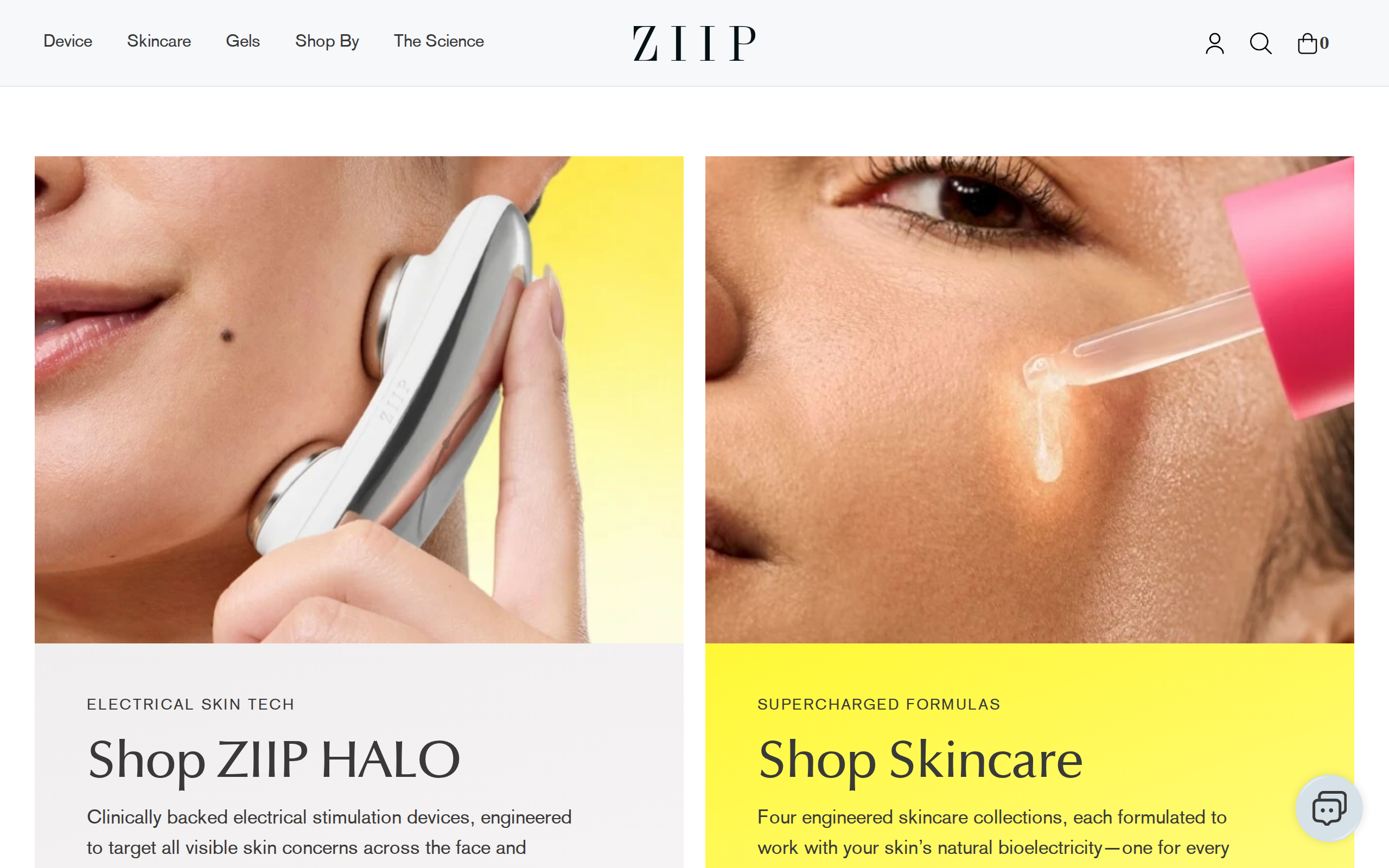 The ZIIP home page showing the HALO device and the four skincare collections